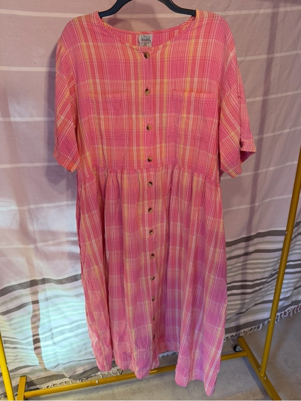 Only Necessities Pink and Yellow Plaid Midi Dress